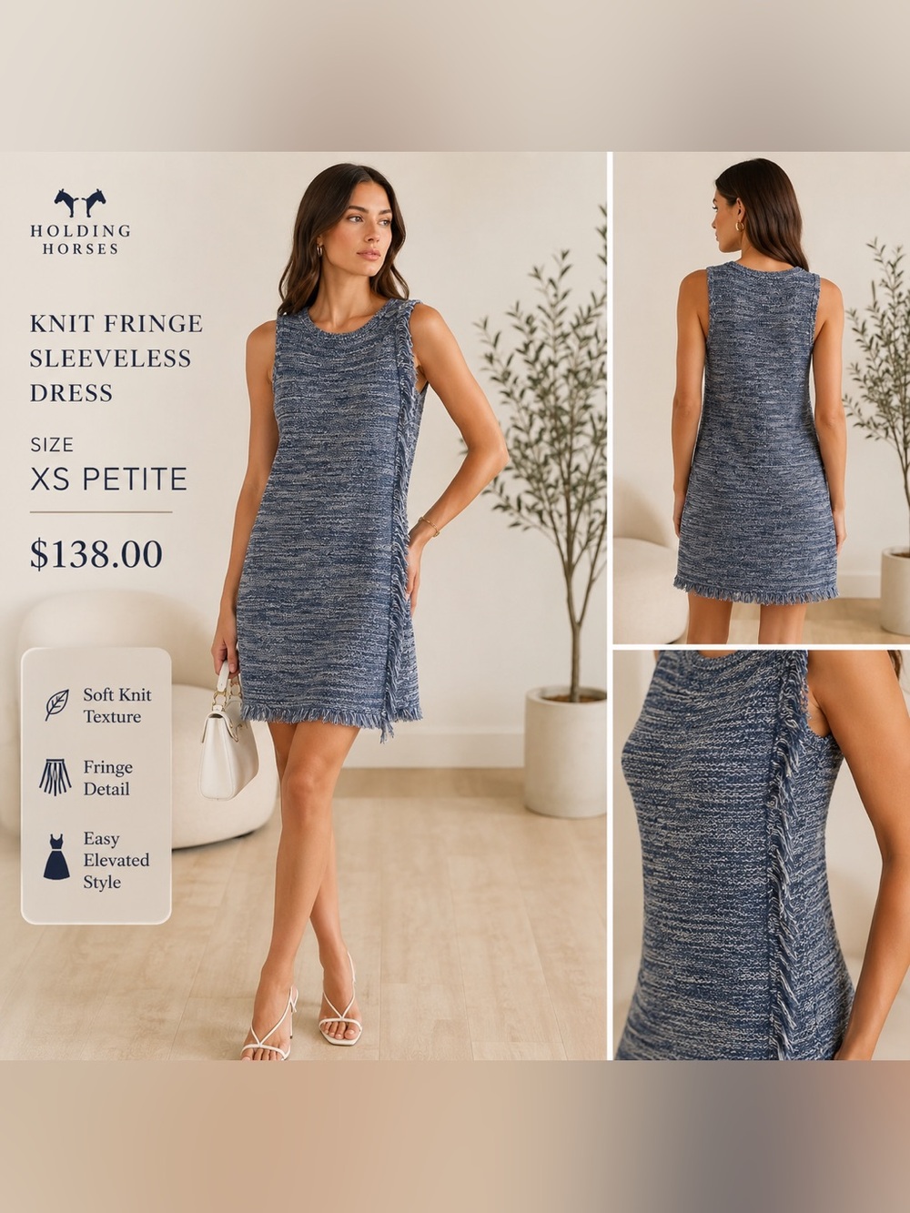 HOLDING HORSES Blue Heathered Knit Fringe Shift Dress